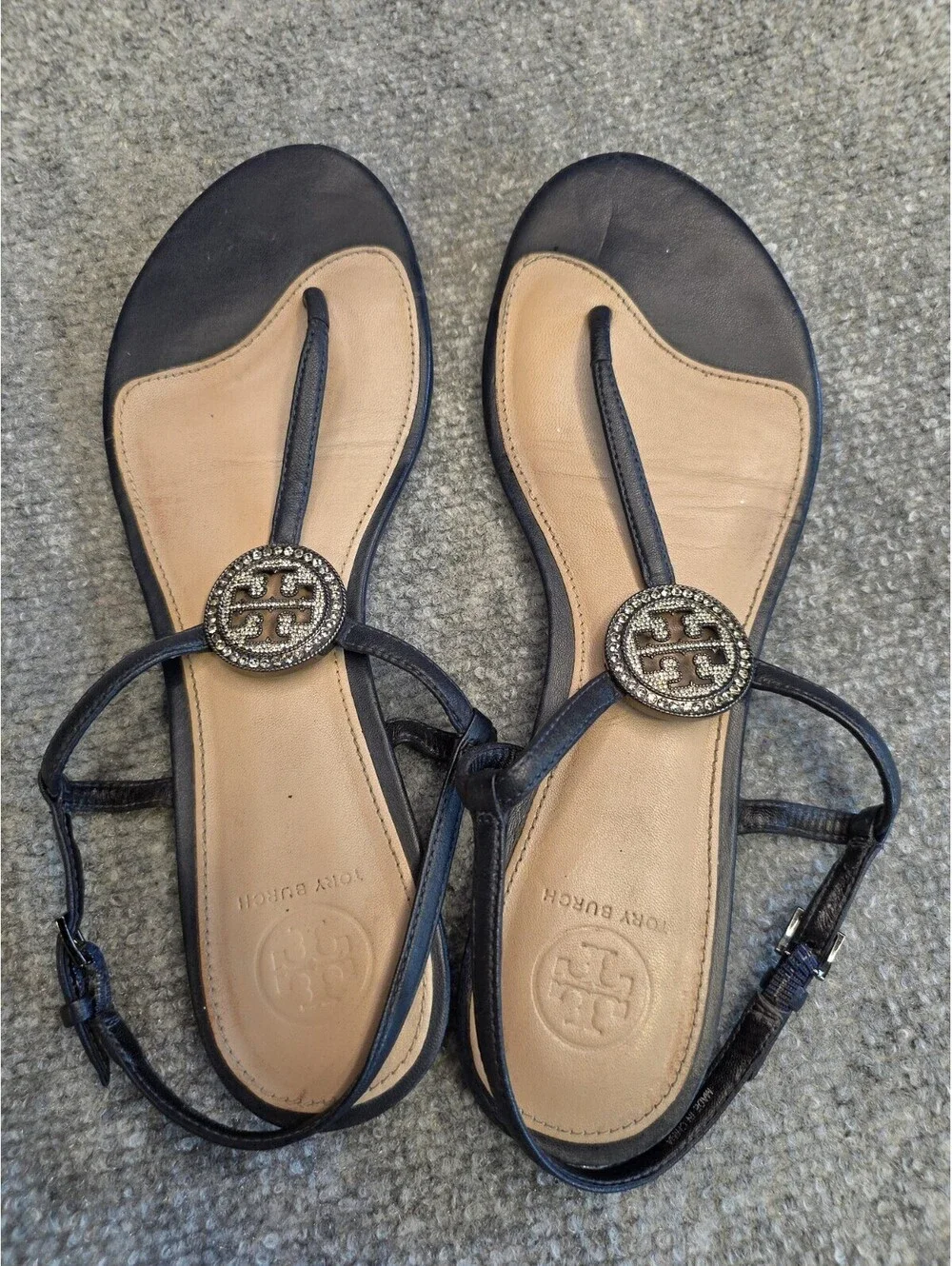 Tory Burch Liana Flat Embellished Thong Sandals Navy Blue Crystal Logo 8.5M